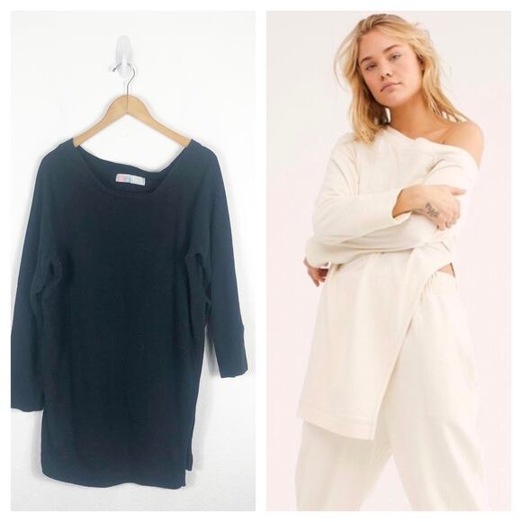 Free People Beach Mercer Textured Side Vent Tunic Top Large Black Loungewear - Picture 1 of 13